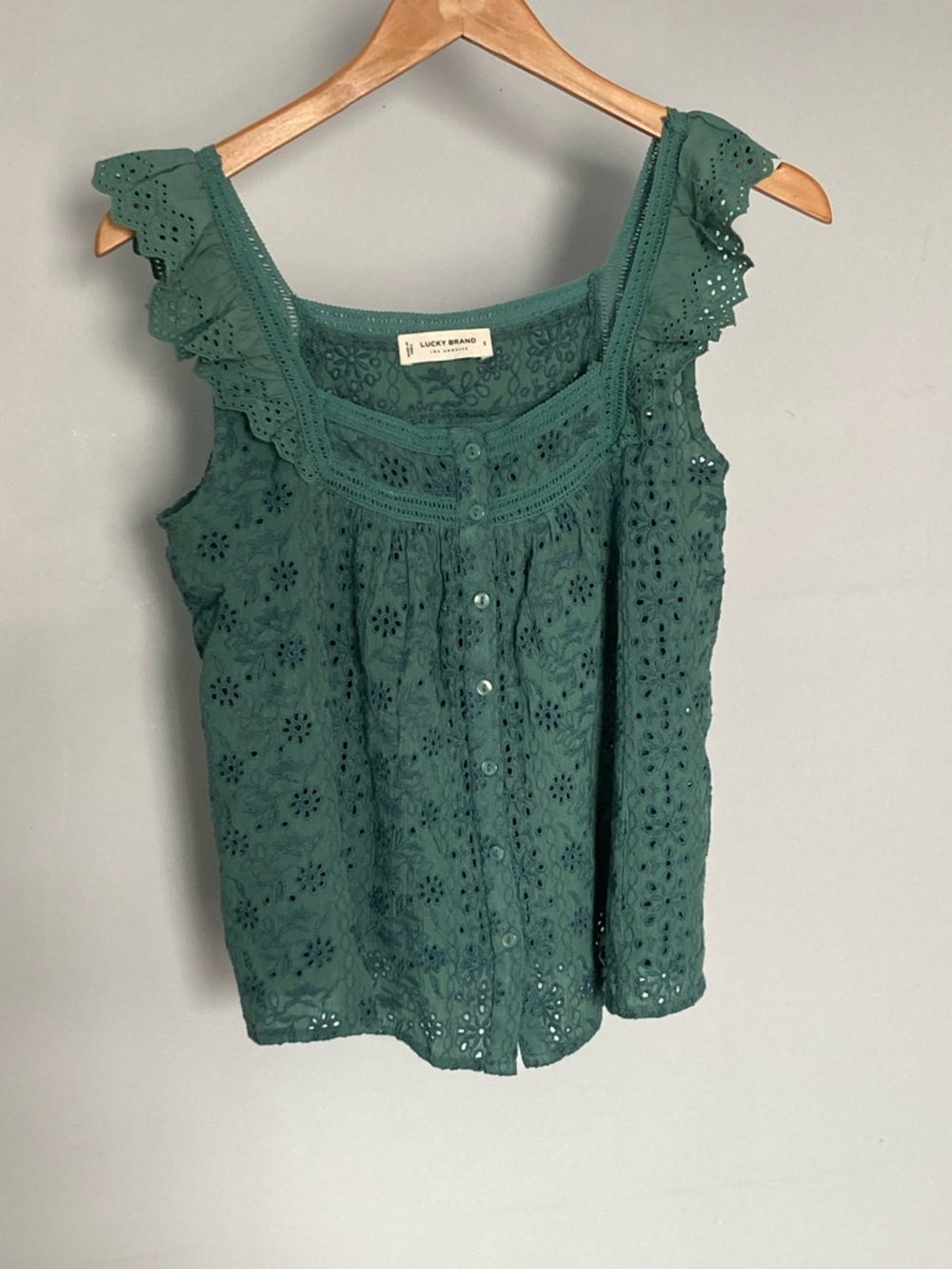Lucky Brand Teal Eyelet Ruffle-Strap Button Front Camisole